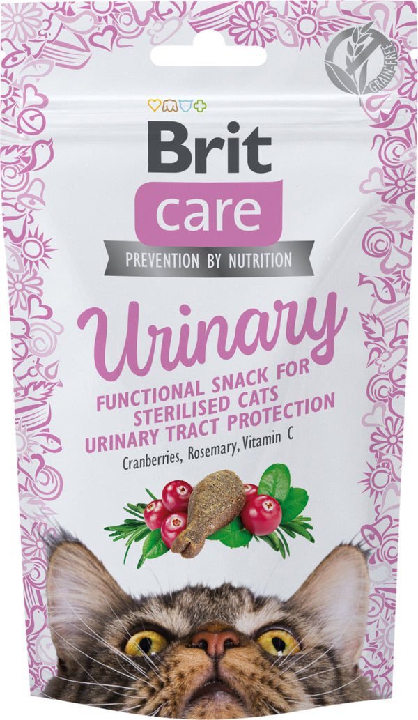 Brit Care Cat Snack Urinary er halvfuktig funksjonelt snacks for steriliserte katter. Beriket med tyttebær og rosmarin. Komplementært kattefôr.