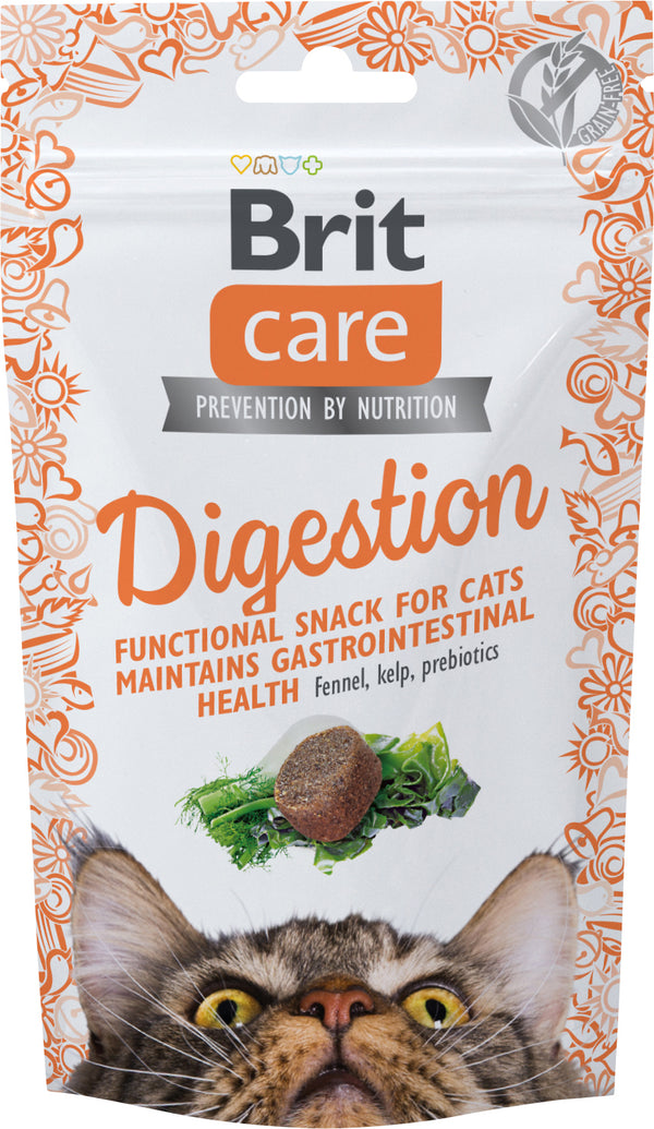 Brit Care Cat Snack Digestion er halvfuktig funksjonelt snacks for katter som er godt for fordøyelsen. Beriket med fennikel og tare.  Komplementært kattefôr.