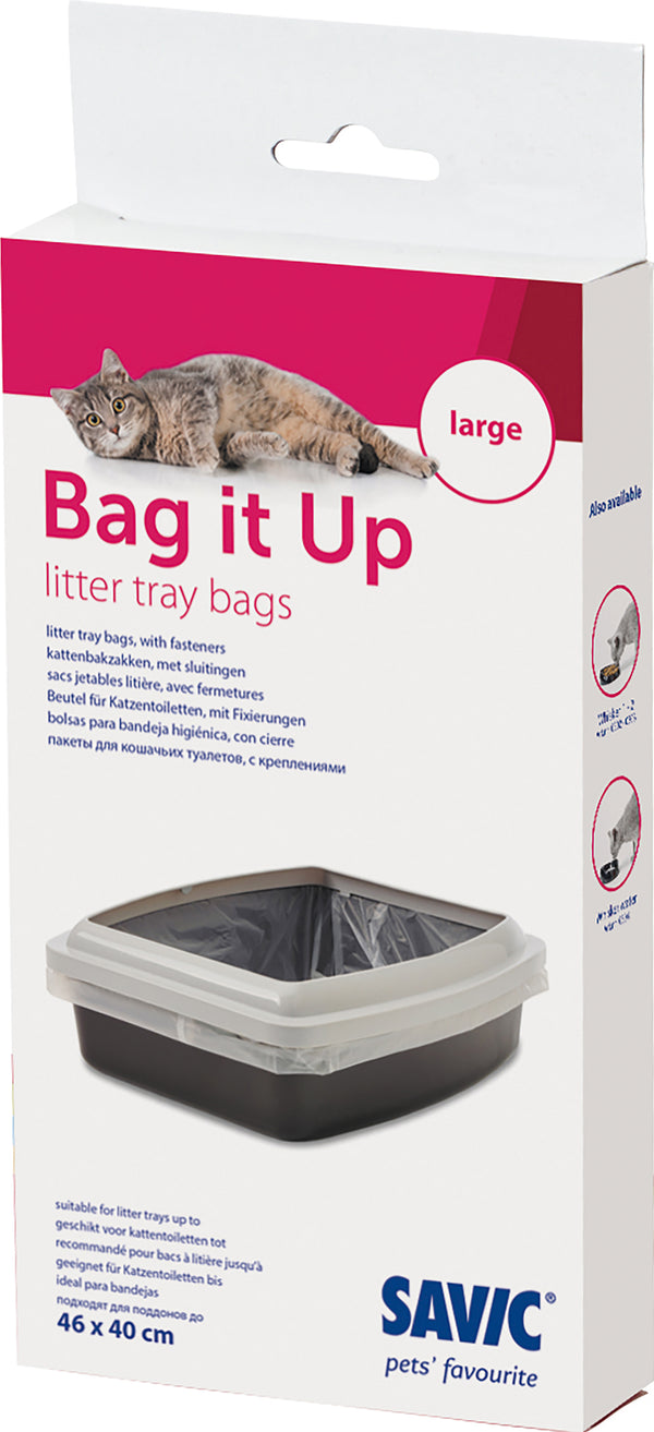 Savic Bag it Up Litter Tray Bags er ideelt tilbehør til alle kattetoaletter. Slitesterke, transparente plast-innlegg for kattetoalettet forhindrer avlagring og dannelsen av urinstein i skåltoaletter og i bunnen av kattedoer med tak. Ved bruk av Bag it Up forlenges brukstiden på toalettet. I tillegg blir også rengjøringen av kattedoen til en lek.  12 poser i pakken.