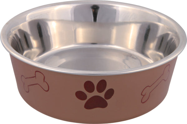 Trixie skål av høy kvalitet til hund og katt. Denne skålen av rustfritt stål har en utside som er plastbelagt med potemotiv. Skålen har en antiskli gummiring på undersiden som gjør at den står stødig. Farge brun.