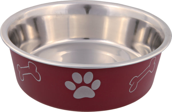 Trixie skål av høy kvalitet til hund og katt. Denne skålen av rustfritt stål har en utside som er plastbelagt med potemotiv. Skålen har en antiskli gummiring på undersiden som gjør at den står stødig. Farge rød.