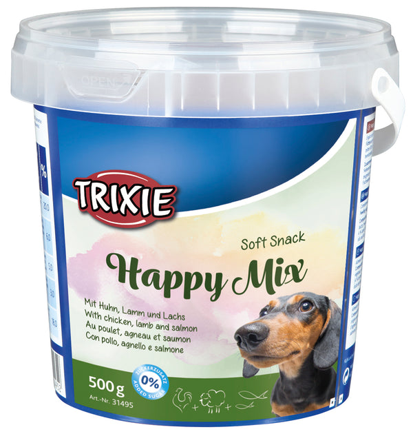 Trixie Soft Snack Happy Mix kommer i praktisk spann med lokk á 0,5 kg. Bitene er myke og passer perfekt som belønning ved trening. Kan også benyttes i aktivitetsleker. Soft snack happy mix kan gis til både valper og voksne hunder. Bitene består av en blanding av lam, kylling og laks.  Inneholder ikke sukker.