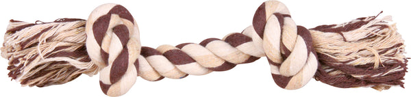 Tauknute med to knuter er en populær hundeleke. Tauleken er fremstilt av ren bomull som rengjør tennene på hunden. Leveres i tilfeldig farge. 28 cm.
